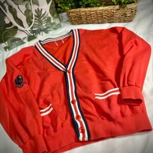 Red V-Neck Cardigan with Striped Trim